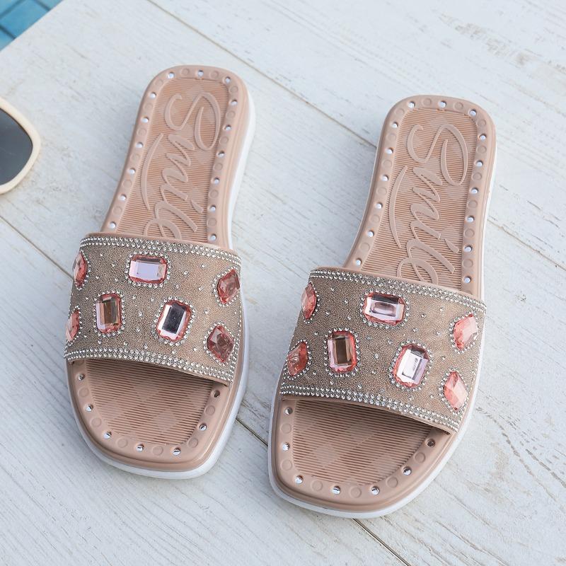 Fashion Flat Summer Fashion Slippers for Women 2025 Luxury Rhinestone Platform Sandals Wearing Flat Beach Vacation Style Women's Shoes