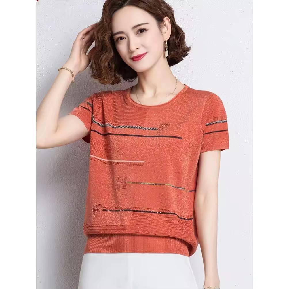 Women's Summer Ice-Silk Short-Sleeve T-Shirt; Loose-Fit, Shiny-Silk, Lightweight, Cropped Plus Size Knit Top for Moms