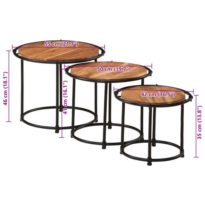 VidaXL Tables gigognes 3 pcs bois massif d'acacia, table en bois, table d'appoint de canapé, ensemble de table basse ronde, 358931