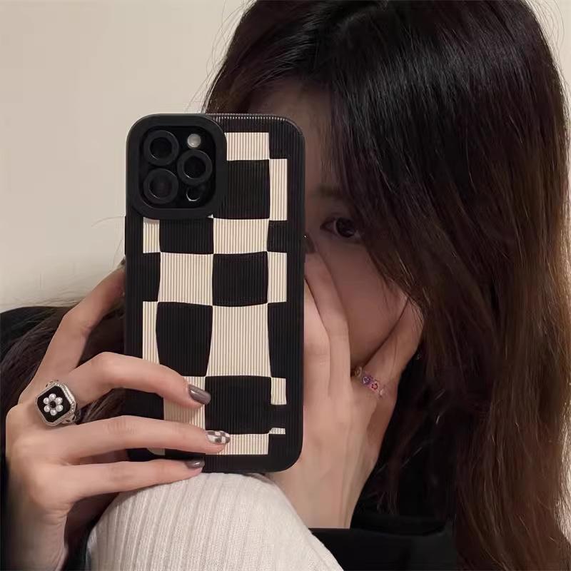 Vertical Leather Shell Chessboard Printed Patterned Shockproof Soft Silicone Case with Camera Lens Full Protection for iPhone Samsung