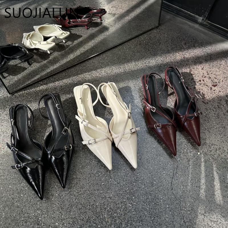 Fashion SUOJIALUN 2024 Spring New Brand Women Sandal Fashion Pointed Toe Slip On Shallow Slingback Sandal Thin High Heel Pumps Shoes