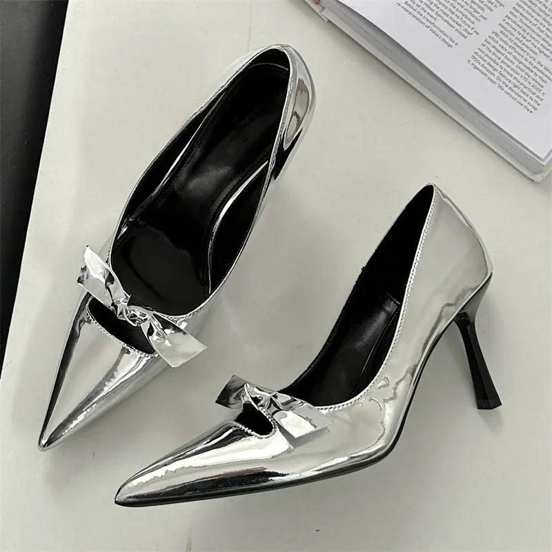 Fashion High Quality Patent Leather Women Pumps Sexy Pointed Toe Bow Design Thin High Heels Elegant Party Dress Shoes Zapatos De Mujer