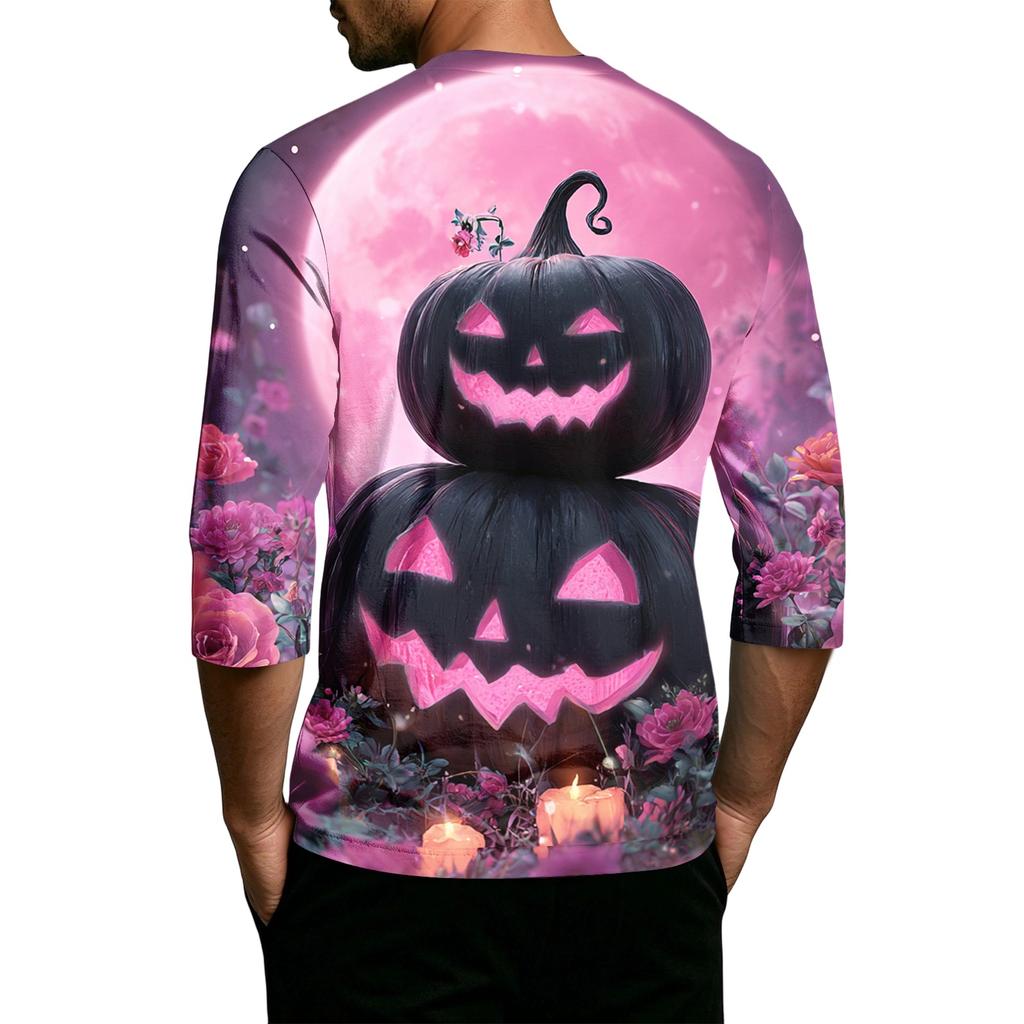 Men's Casual Halloween Printed Crew Neck Three Quarter Sleeve T Shirt with Pumpkin Graphic Loose Fit Comfortable Top