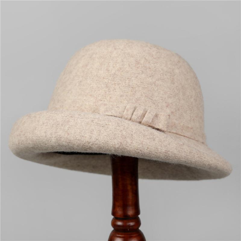 Premium Curled Woolen Hat Women's Retro Bow Bucket Hat Autumn and Winter Gold Wind Hat