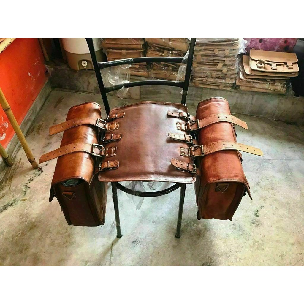 Motorcycle Brown Leather 2 Bags Side Extra Seat Pouch Saddlebags Saddle Panniers