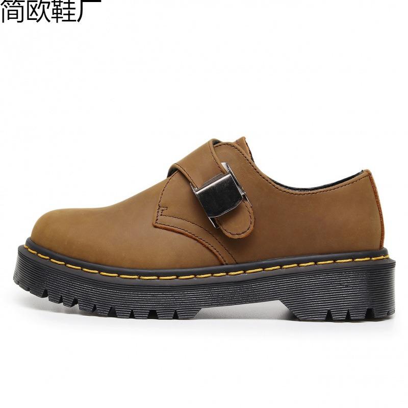thick-soled low-top small leather shoes women's buckle low-top top Crazy Horse Brown casual student
