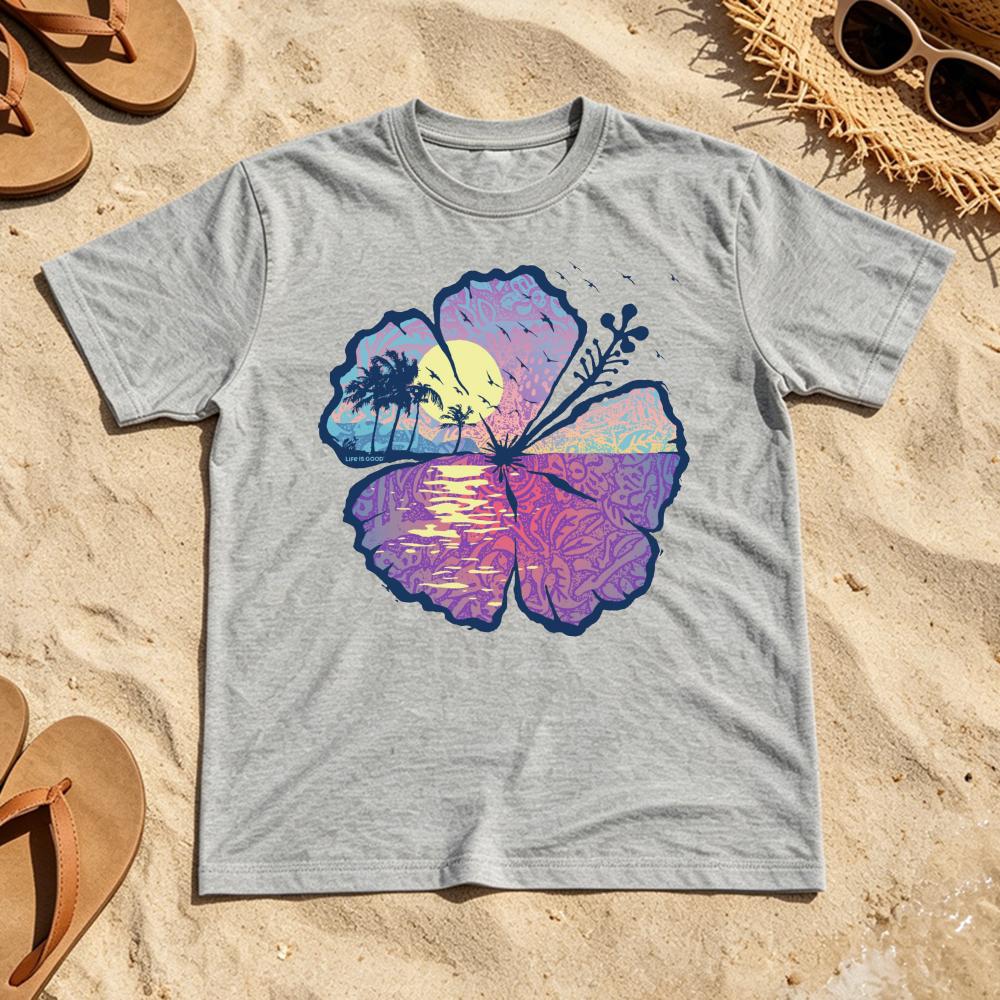 Tropical Hibiscus Flower Palm Tree Sunset Beach Graphic Tees Short Sleeve Soft Cotton Boho Summer Vacation Casual Tops