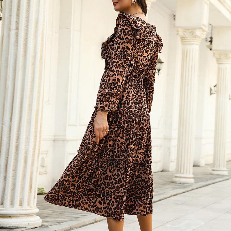 YYFS Dámské vintage ležérní šaty s leopardím vzorem, dlouhým rukávem a výstřihem do O