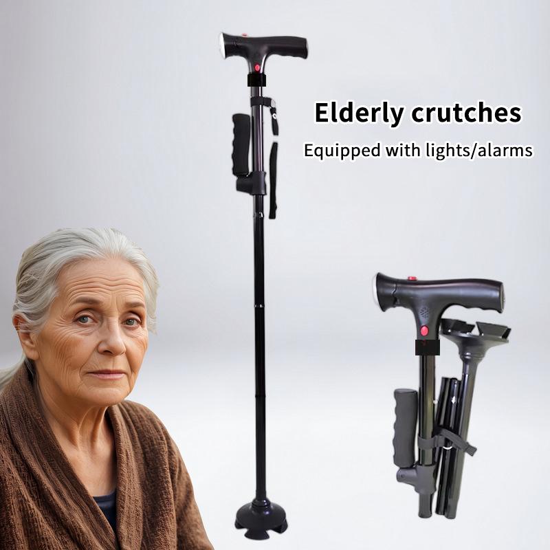 Folding Elderly Walking Stick With Buffered T Handle Pivoting Quad Base Anti-Slip Walking Stick Cane With Led Light And Alarm