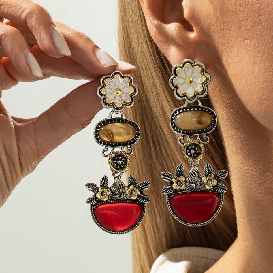 

Ingemark Elegant Retro Flower Red Resin Drop Earrings Women Temperament Hanging Piercing Earring Aesthetic Jewelry Accessories