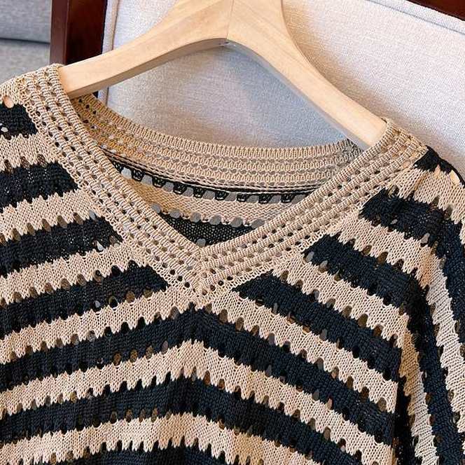 Striped V-neck Knitted Long Sweater Dress Women's Spring Autumn Loose Plus Size Elegant Casual Mid Knitted Dresses