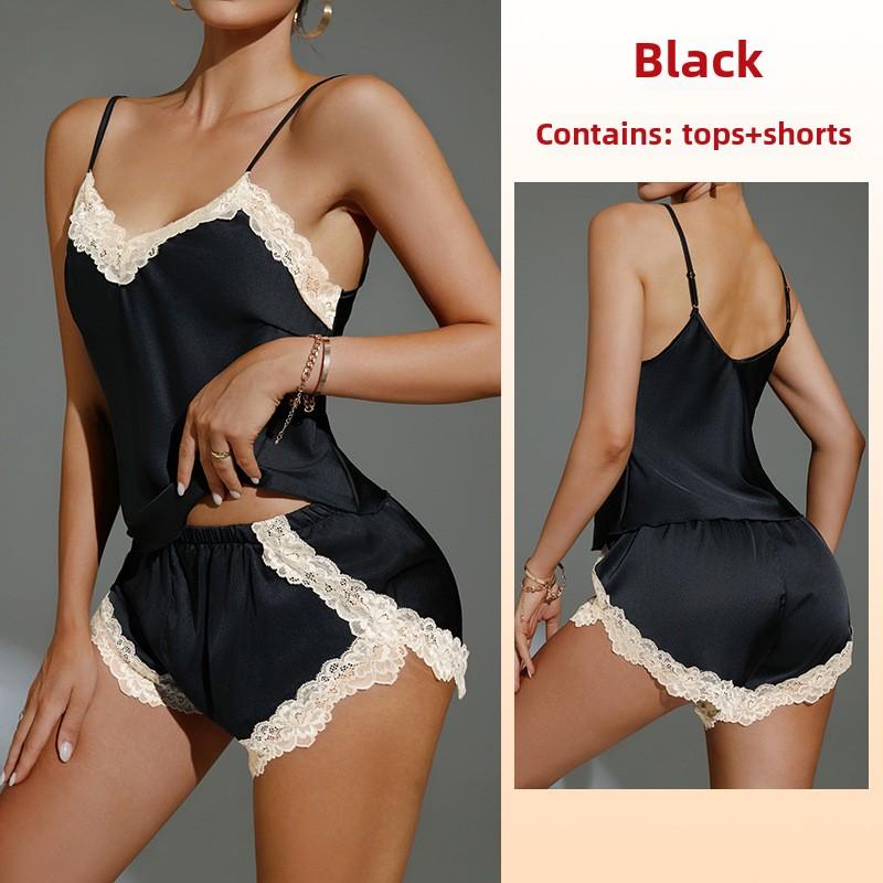 

Сексуальні глибокі V-подібні мереживні спокусливі шовкові шорти з підтяжками, що складаються з двох частин, піжамний комплект для відпочинку L чорний