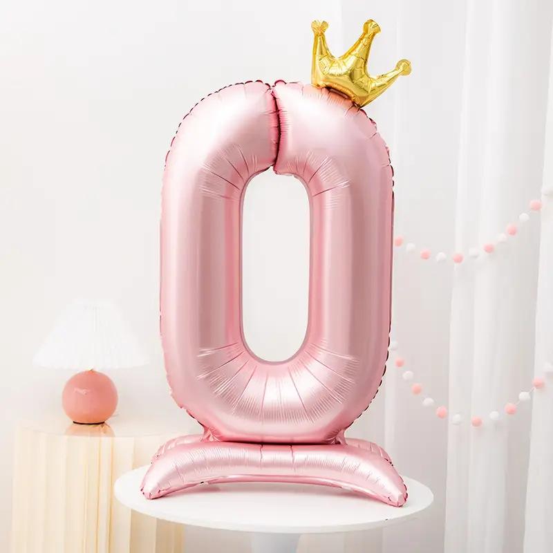 Standing Number 0 Balloon with Crown Shape Base Birthday Party Decoration Foil Balloon for Celebration Events Indoor Outdoor Use