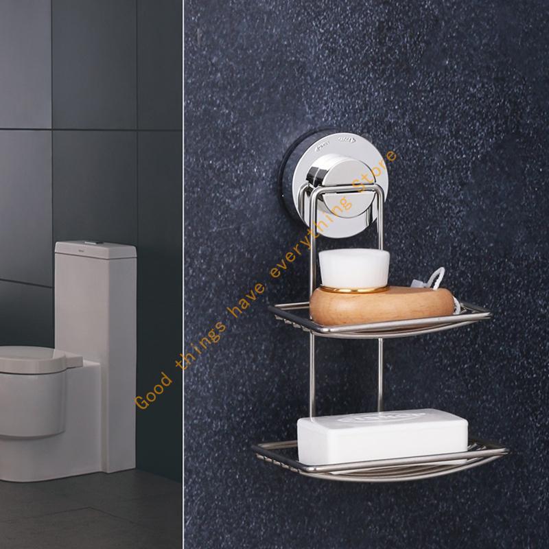 Water Resistant Double Layer Soap Dish Holder Strong Suction Cup Rust Proof Wall Mounted Soap Basket 55KF CN