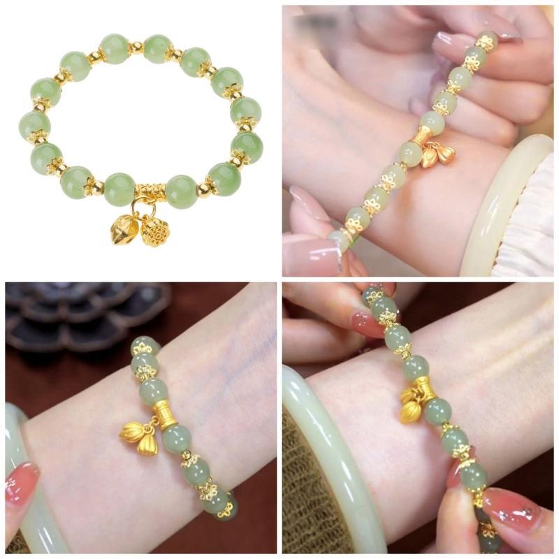 Trendy Glass Bead Bracelet Lotuses Flower Pendant Handchain Traditional Chinese Style Jewelry Gift Wedding Accessories