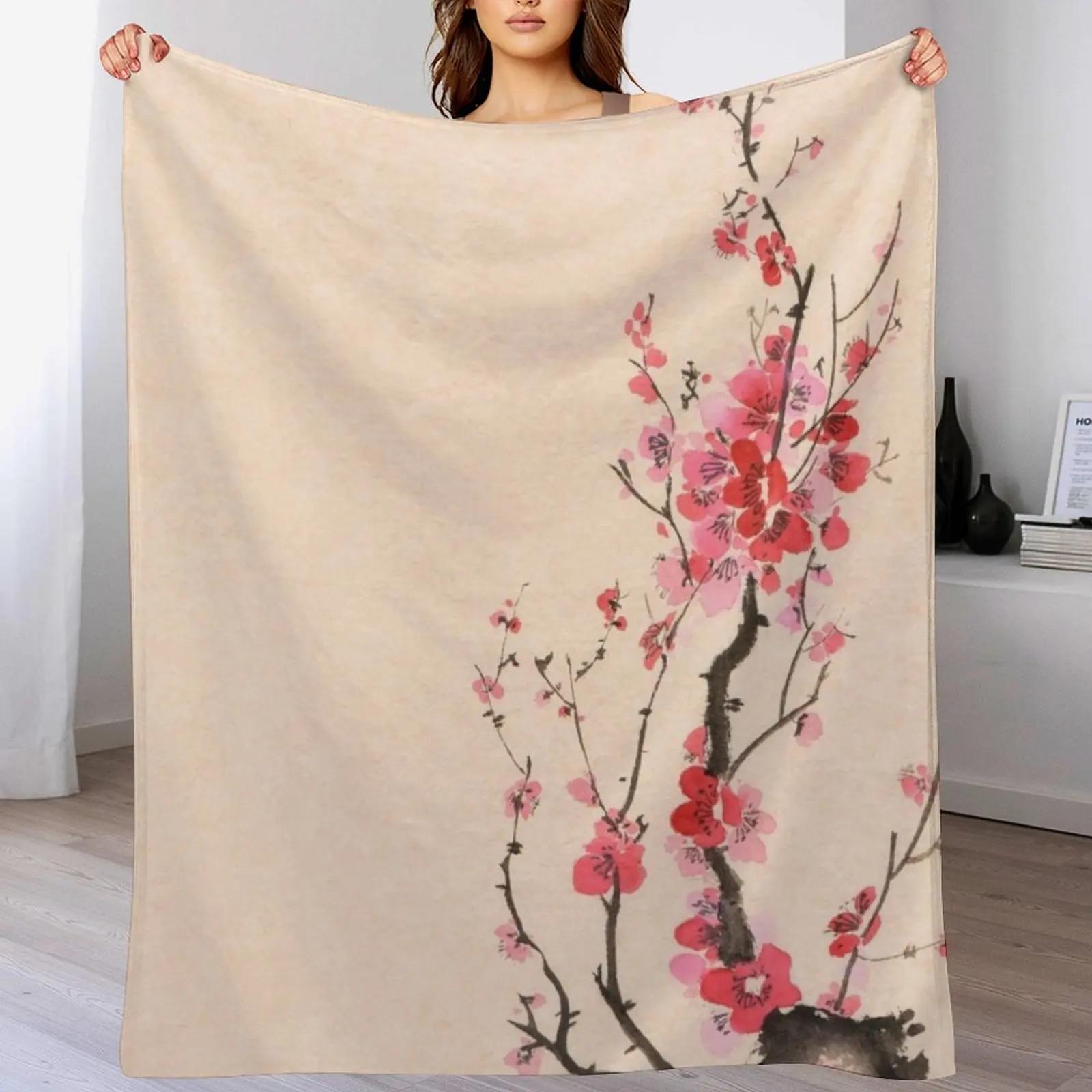 Japanese sumie ink painting of an iconic plum blossom branch with red flowers on beige background art print Throw Blanket 102x76cm(40x30in)