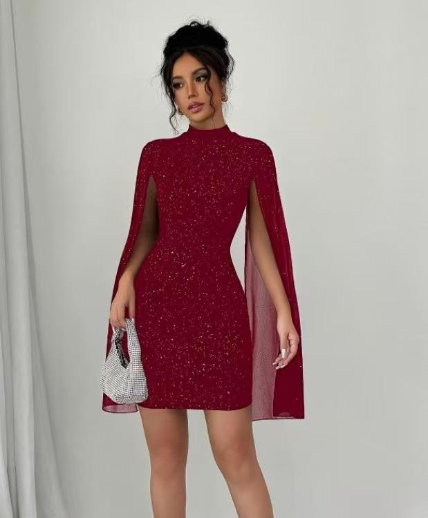 European and American Women's Ribbed Chiffon Cape Bodycon Dress