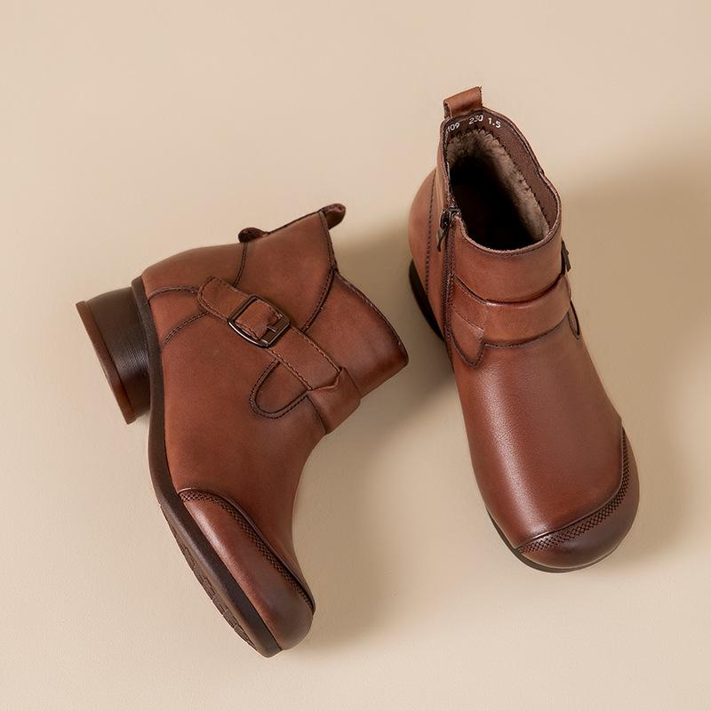 2025 Women's Vintage British High-Top Leather Boots - Autumn/Winter Slip-On, Versatile, Comfortable