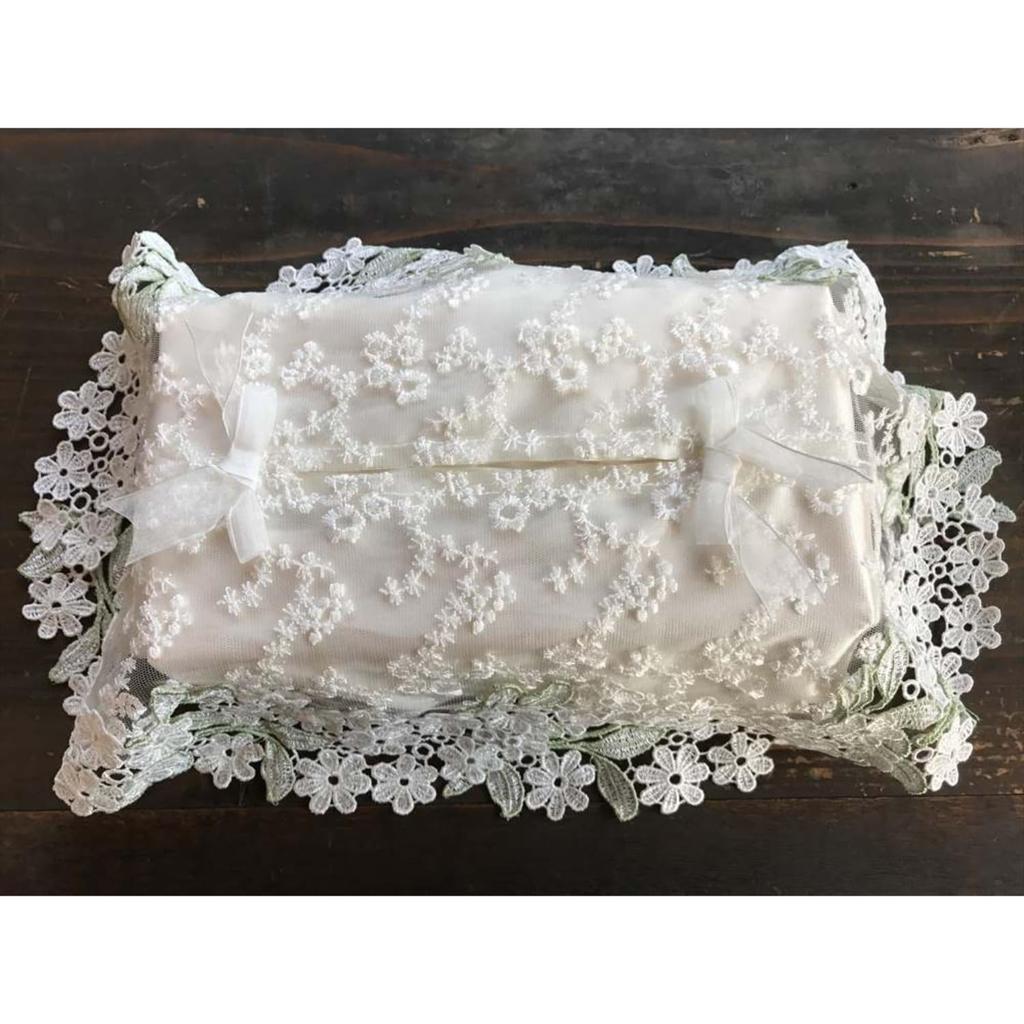 Vivienne Crystal Margaret Series Tissue Box Cover, 12 x 26 x 6 cm, Ivory & Green, Lace Embroidery, WK1002D2