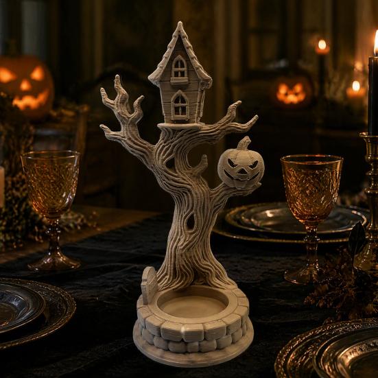 Halloween Themed Room Accessories 3D Printed Tree House Ornament with Pumpkin, Spooky Table Desktop Landscaping Props Centerpiece, Dead Figurine