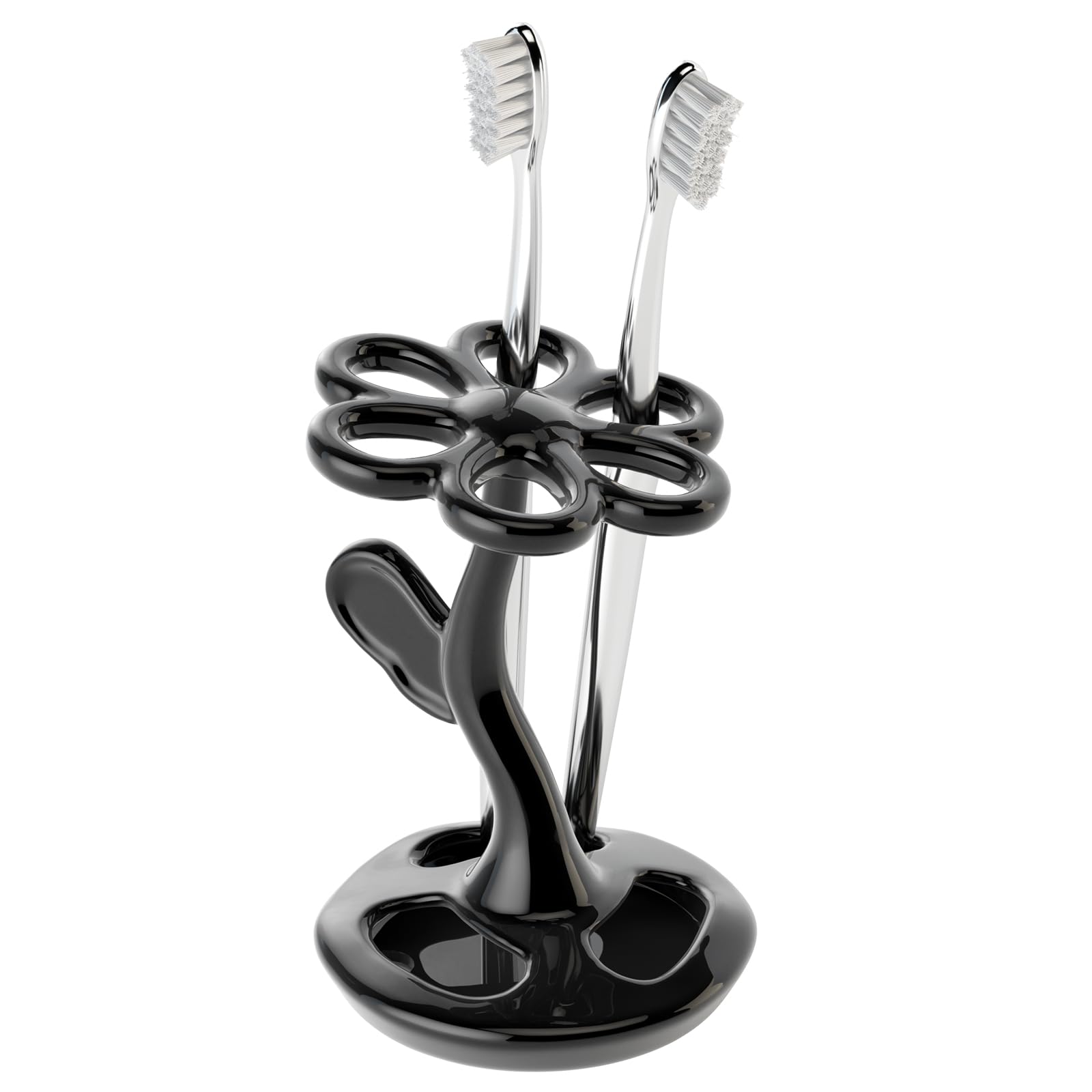 Ceramic Toothbrush Holder, Creative Flower-Shaped Toothbrush Stand for Bathroom, Multifunctional Storage for Toothbrushes & Makeup Brushes чёрный