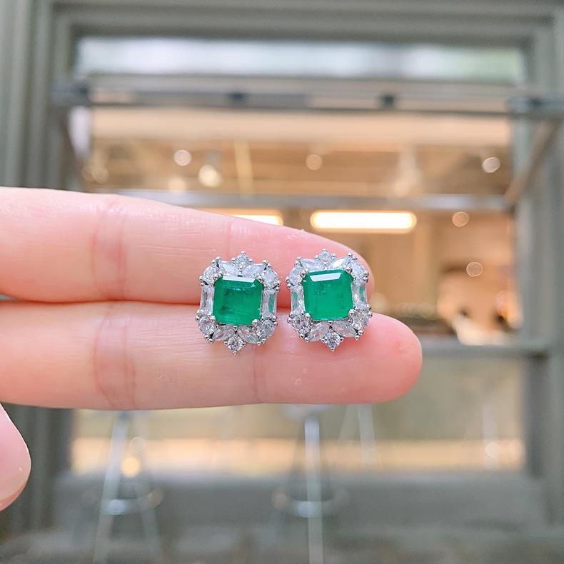 Small Square Emerald Jewelry Set Internet Famous Noblewoman Necklace Pendant Ring Earring Women's