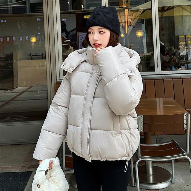 Women's Winter Puffy Hooded Puffer Jacket Solid Color Loose-Fit Short-Length Warm Jacket