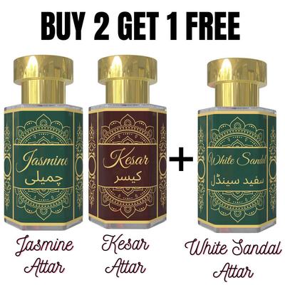Kesar Attar and Jasmine Attar with Free White Sandal Attar – Floral & Soft Woody Fragrance | Alcohol-Free  | 3 X 6 Ml