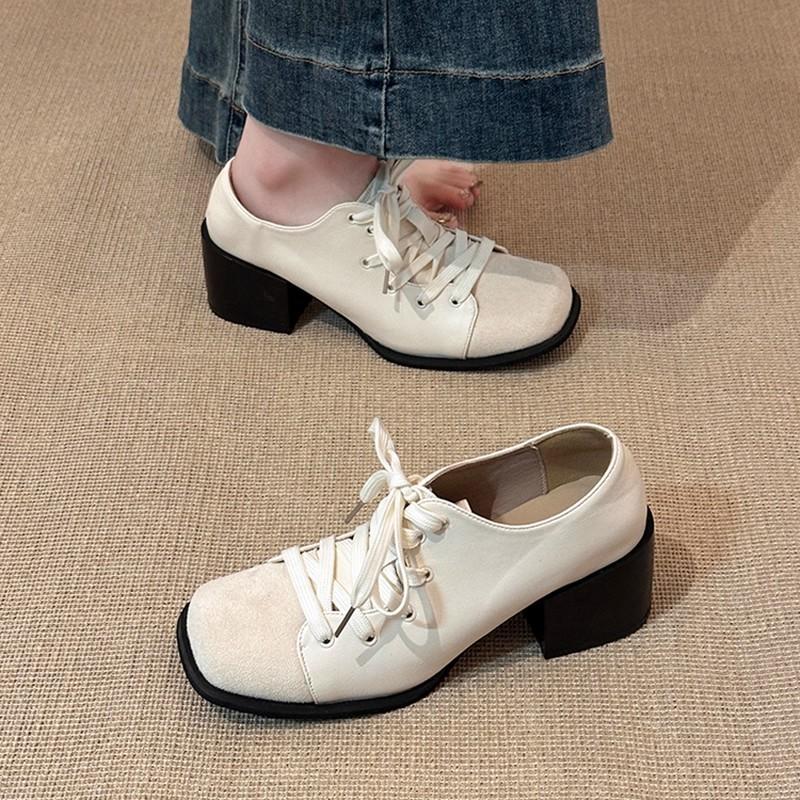 Retro lace-up thick-heeled loafers shoes autumn and winter design sense fashion temperament women's high-heeled Mary Jane single shoes
