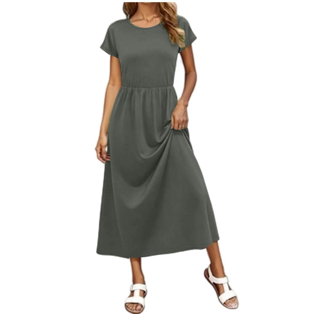 Women's Fashion Casual Short Sleeve Round Neck Elastic Waist Draped Pocket Dress