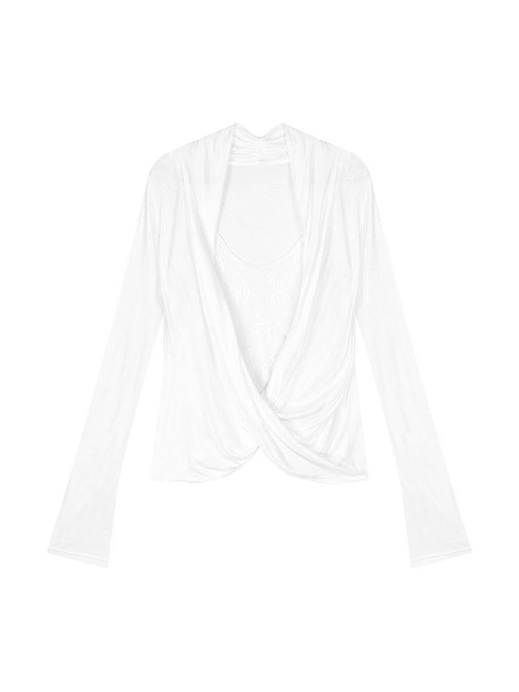 

Женская белая футболка из двух частей с кружевной вставкой, с драпировкой на шее и длинными рукавами extra large белый