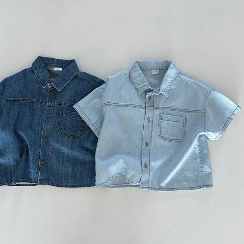 Korean Version of Short Sleeved Denim Shirt + Shorts Set for Boys and Girls Summer Fashionable Two-piece Set