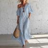 2026 European and American independent station women's fashion spring elegant striped off-the-shoulder dress blue