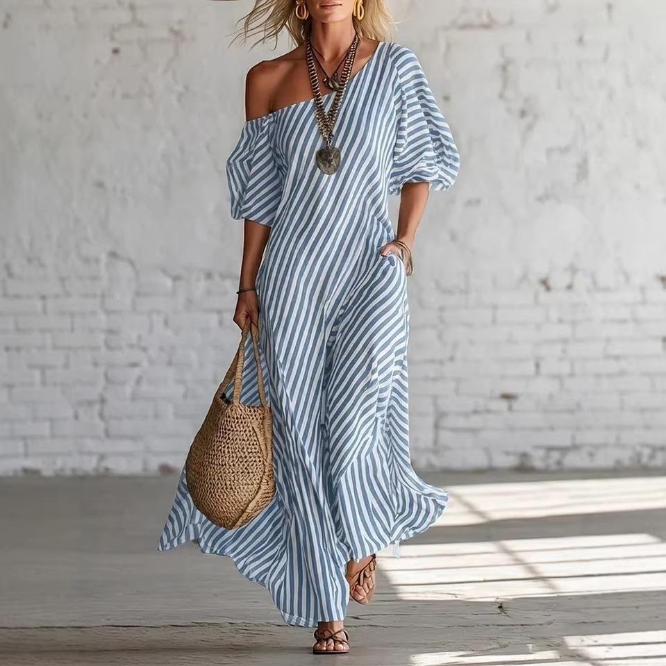 2026 European and American independent station women's fashion spring elegant striped off-the-shoulder dress blue