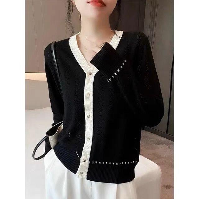 

Весенне-осенний женский трикотаж с V-образным вырезом, вязаный кардиган, темпераментный волнистый узор, полый ретро, свободный тонкий топ One Size чёрный