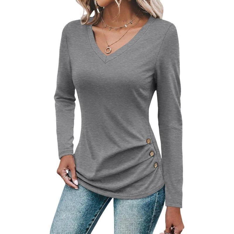Women's Loose Fashion Solid Colour Long Sleeve Top Button Detail Knitted Multi Stretch Comfort T Shirt