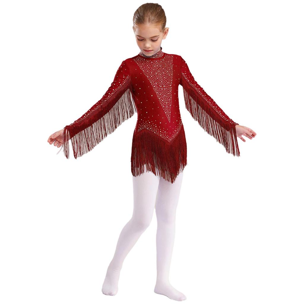 Girls Tassels Latin Dance Leotard Mock Neck Long Sleeve Cutout Back Sparkling Rhinestones Fringe Bodysuit