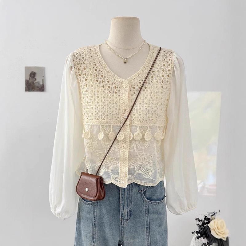 Ethnic Style Hollow Hook-up Splicing Bubble Sleeve Knitted Sweater Summer Thin Round Neck Age-reducing Loose Short Top Women