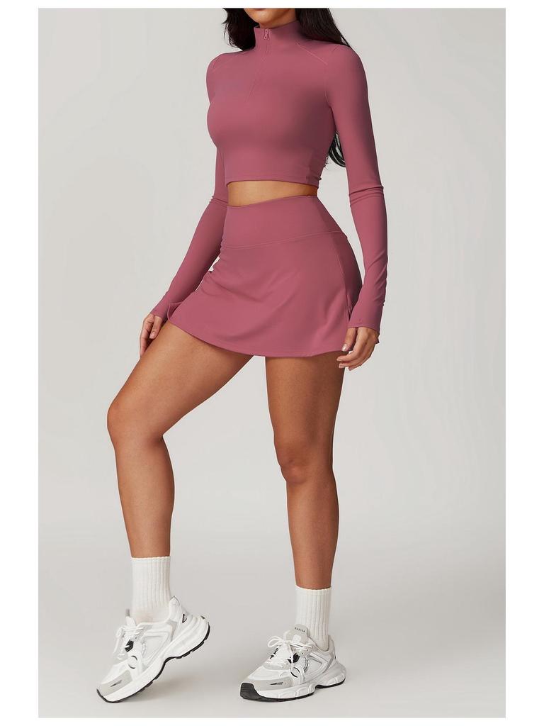 Damen High-Intensity Schnelltrocknender Yoga-Anzug: Oberteil mit Reißverschluss und langen Ärmeln & Laufrock