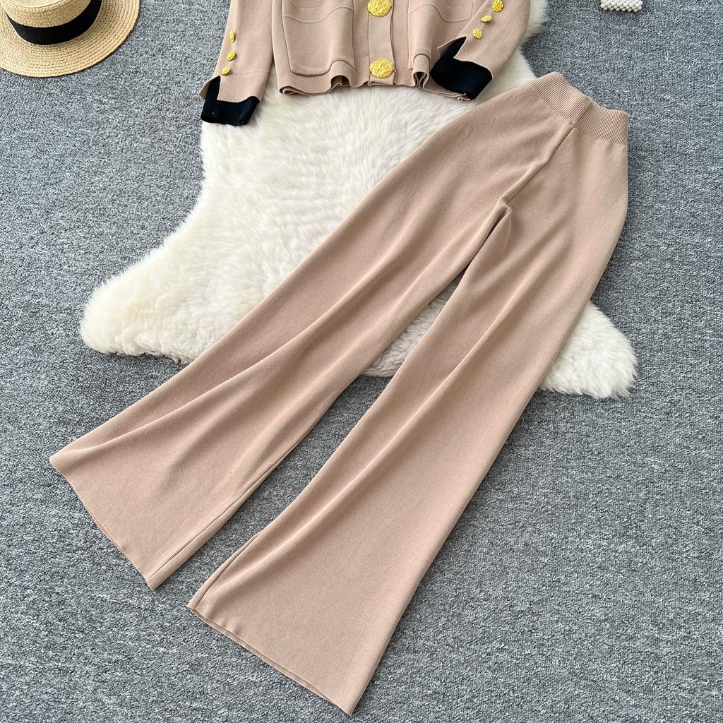 Autumn Winter Women Casual Knitted Sweater Trouser Two Piece Set Big Gold Button Single Breasted Jacket Tops and Elastic Waist Pant Tracksuit