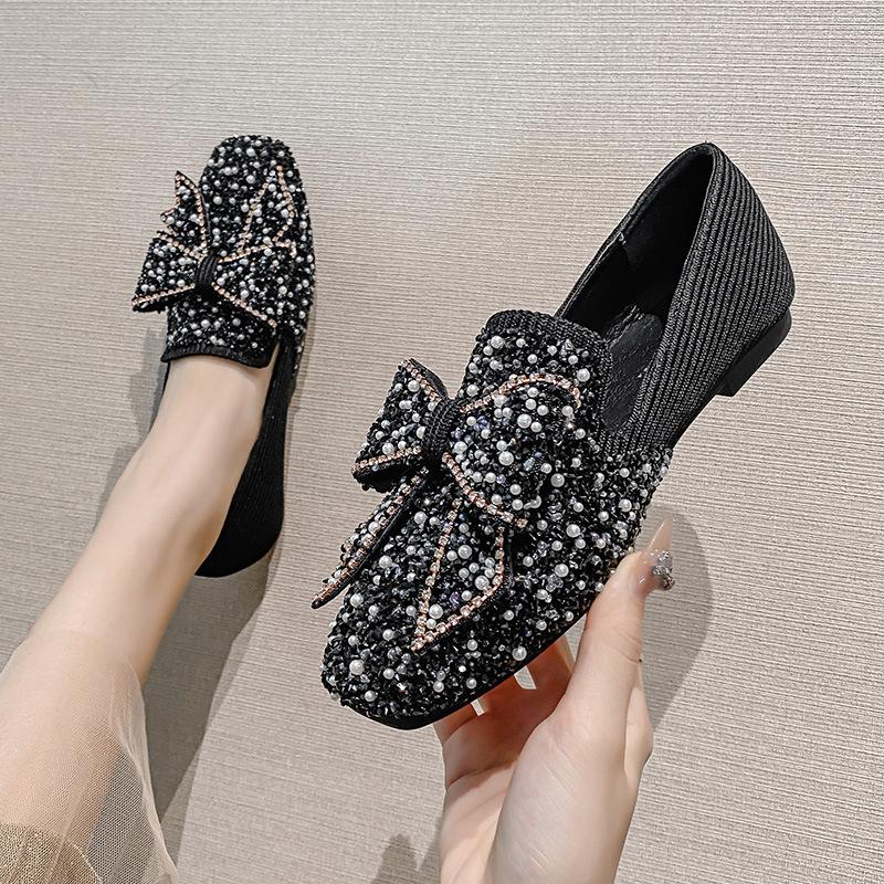 New Fashion Women Flat Shoes Beautiful Crystal Bowknot Boat Shoes Slip-on Loafers