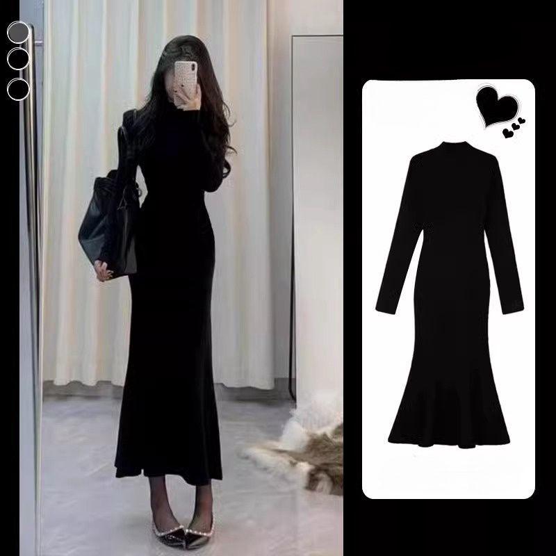 Women's Black Fishtail Skirt Dress - Spring/Autumn Hip-Hugging Long Skirt 2026 New Style