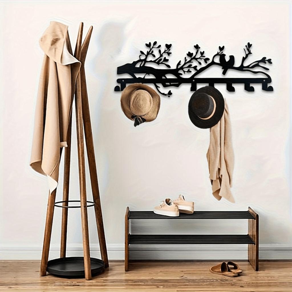 Metal Birds Key Holder Wall Mount Coat Hat Towel Rack Modern Floral Decor