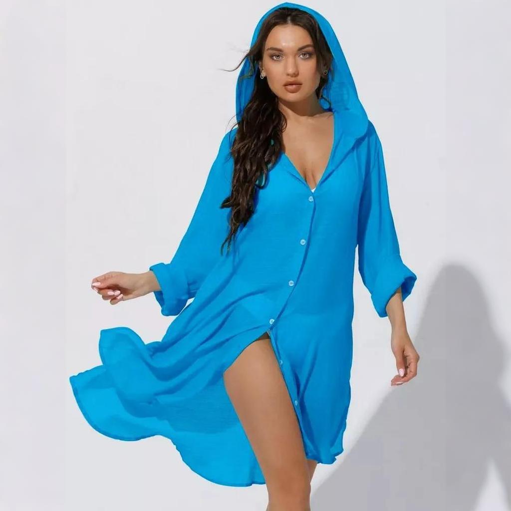 Women's Beach Cover Up Shirt Dress Lightweight Button Down Long Sleeve Casual Vacation Swimwear Cover Up for Bikini Swimwear