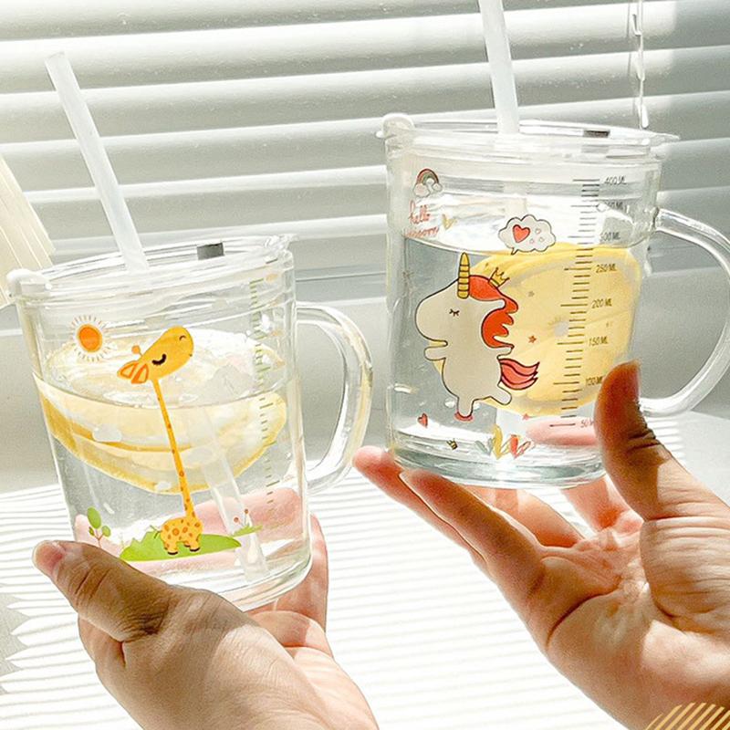 Kids Straw Cup With Lid And Handle Cute Glass Tumbler Baby Feeding Water Bottle Cartoon Glass Cup For Kids Drinkw
