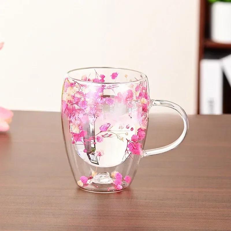350ml Double Wall Glass Cup with Handle Dried Flower Decorated Coffee Milk Mug Heat Resistant Kitchen Supplies for Friend Gifts