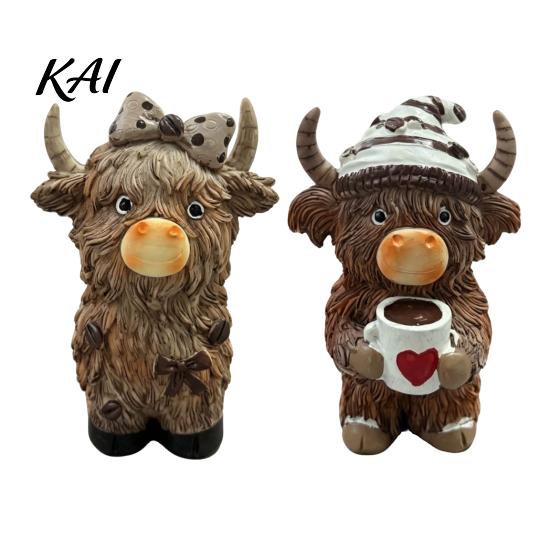 Blumen Harz Kuh Figuren Highland Figur, Kaffeestatue für Bauernhaus Heimdekor, Künstlerische Dekorative Tier Skulpturen Landhausstil Tischplatte