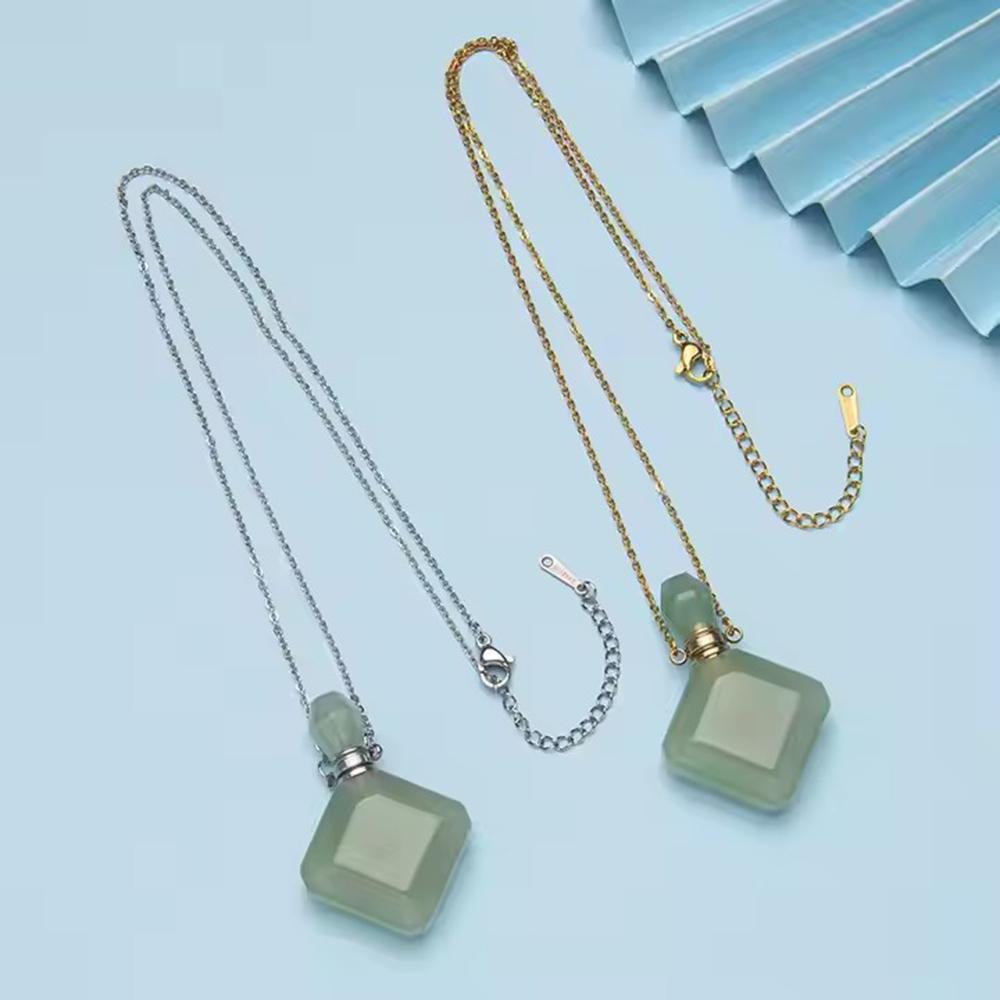 Natural crystal rhombus perfume bottle pendant necklace aromatherapy healing gemstone stainless steel necklace for women