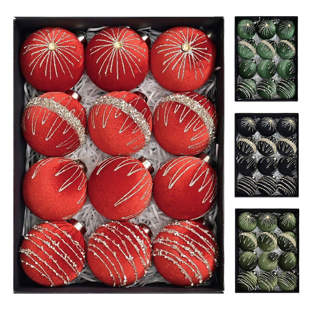 12pcs 8cm Christmas Tree Ornaments Set with Velvet Flocked Finish for Holiday Decoration Suitable for Trees Mantles and Events