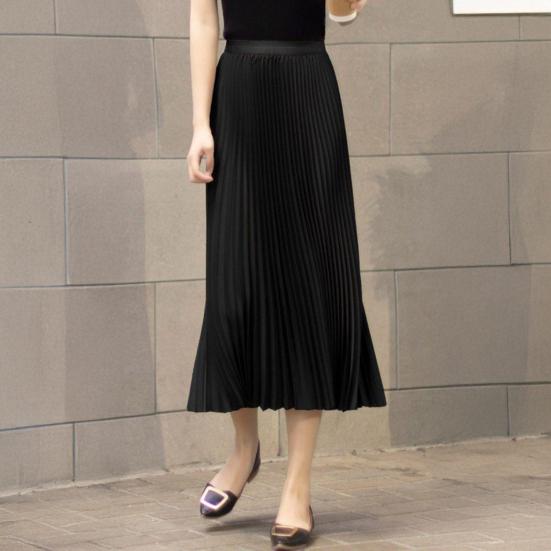 Women Pleated Midi Skirt Elastic High Waist Solid Color Smooth Outline Skirt Slimming Midi Skirt Daily Wear